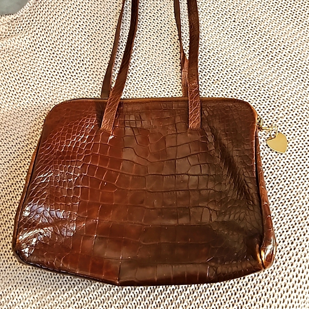 VINTAGE FURLA Croc Leather Long Strap Bag Cognac